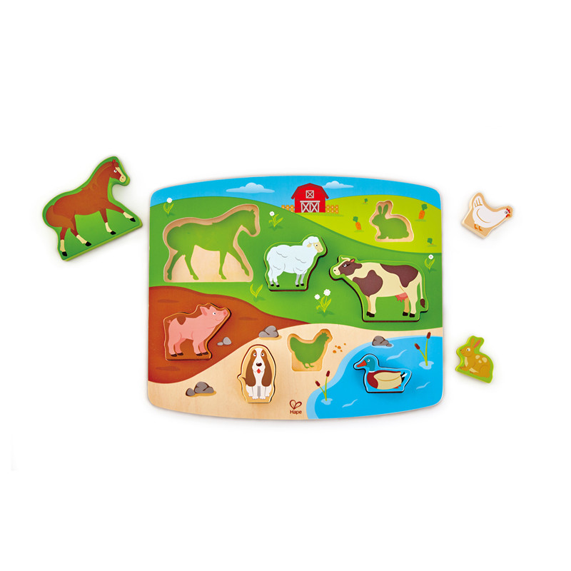हेप फार्म पशु पहेली | घोड़े, भेड़, गाय, खरगोश, सुअर, चिकन और बतख के साथ बहु रंग फार्मयार्ड लकड़ी के जिग्स पहेली खिलौना